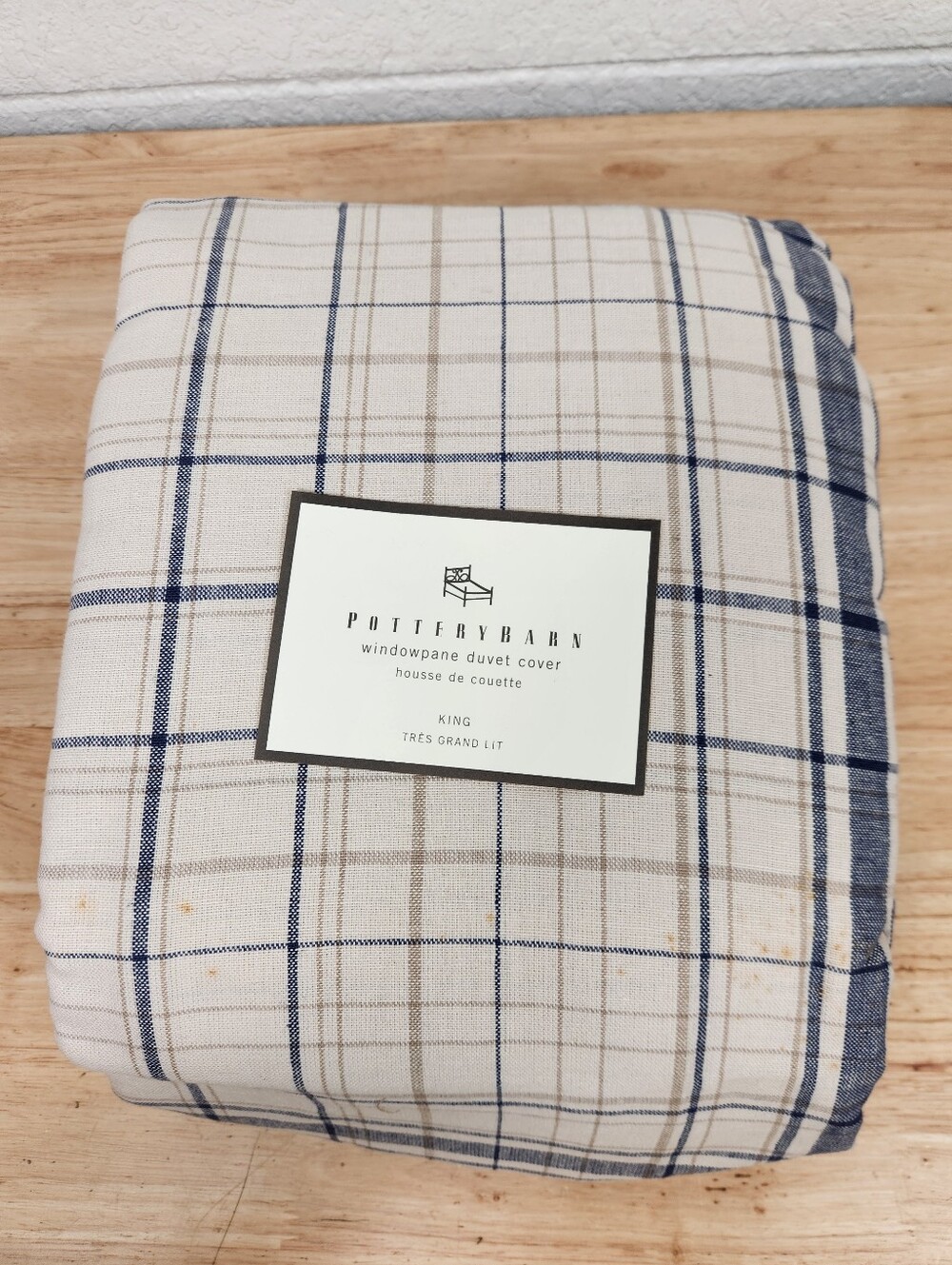 Pottery Barn Plaid King Duvet Linen Blend Floral NOS Cottage French Country Flaw